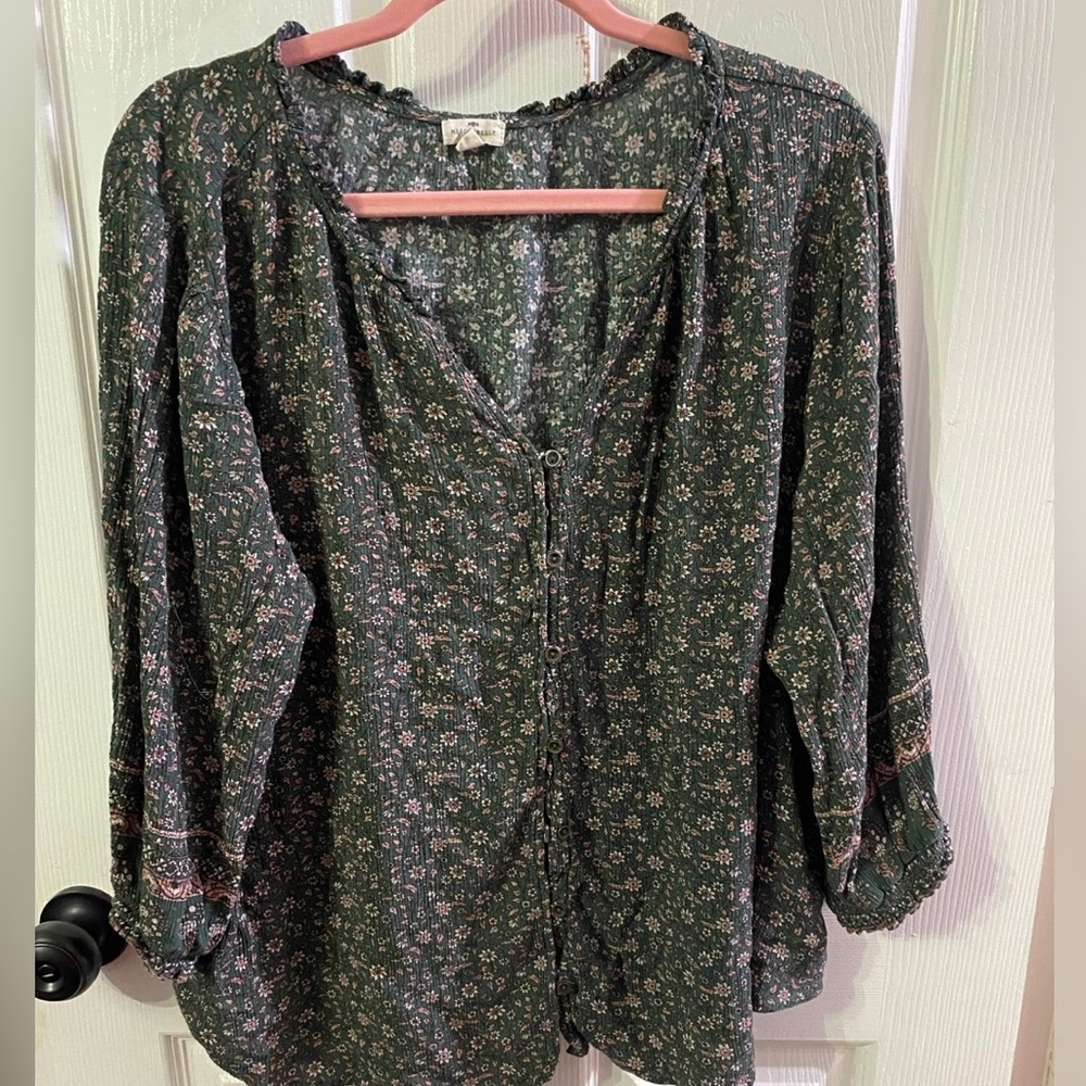 Vintage-Inspired Floral Peasant Blouse - Dark Green